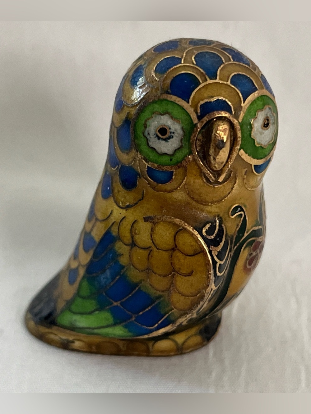 Vintage Cloisonné Enamel Owl Figurine Brass Hand Painted Collectible Trinket